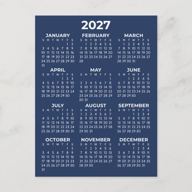 Cartão Postal Calendário Mínimo Azul Marinho Simples Básico de 2 (Frente)