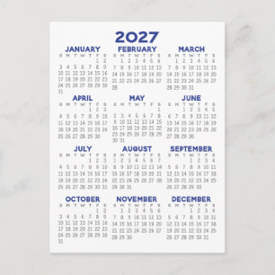 Cartão Postal Calendário Mínimo de 2027 - Vista Anual Cinza Azul