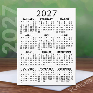 Cartão Postal Calendário Mínimo de 2027 - Vista Anual Preto e Br