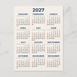 Cartão Postal Calendário Mínimo Simples 2027 Suas Cores