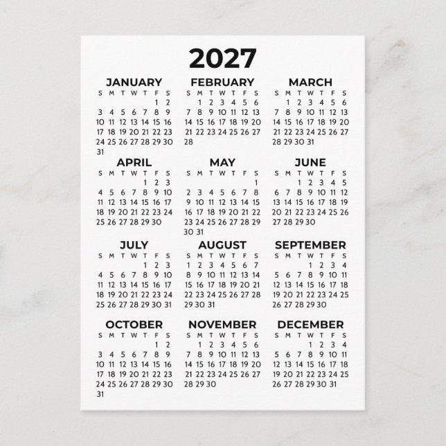 Cartão Postal Calendário Mínimo Simples Preto e Branco 2027 (Frente)