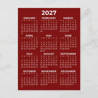 Cartão Postal Calendário Mínimo Vermelho Borgonha 2027 Simples B