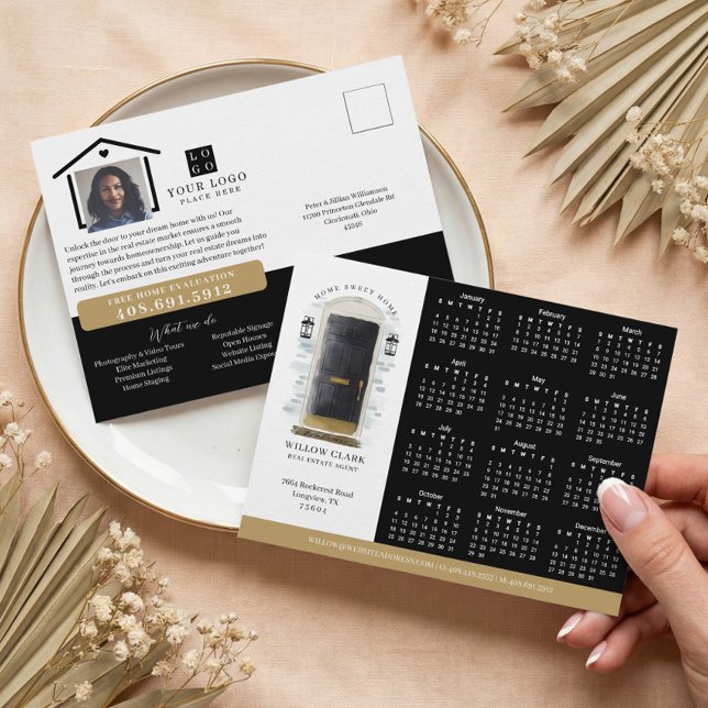 Cartão Postal Calendário Preto de Portas Aquáticas para Imóveis  (Black Watercolor Door Real Estate Calendar 2026 Postcard)