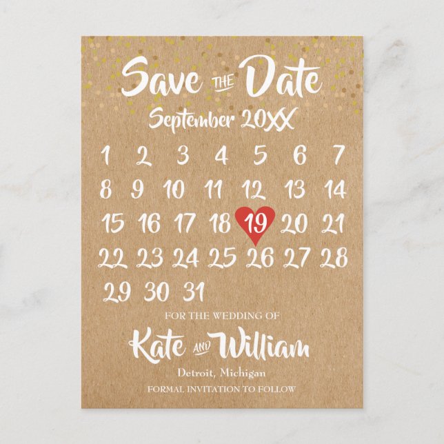 Cartão Postal Calendário Rustic Kraft Red Heart Salvar a Data (Frente)
