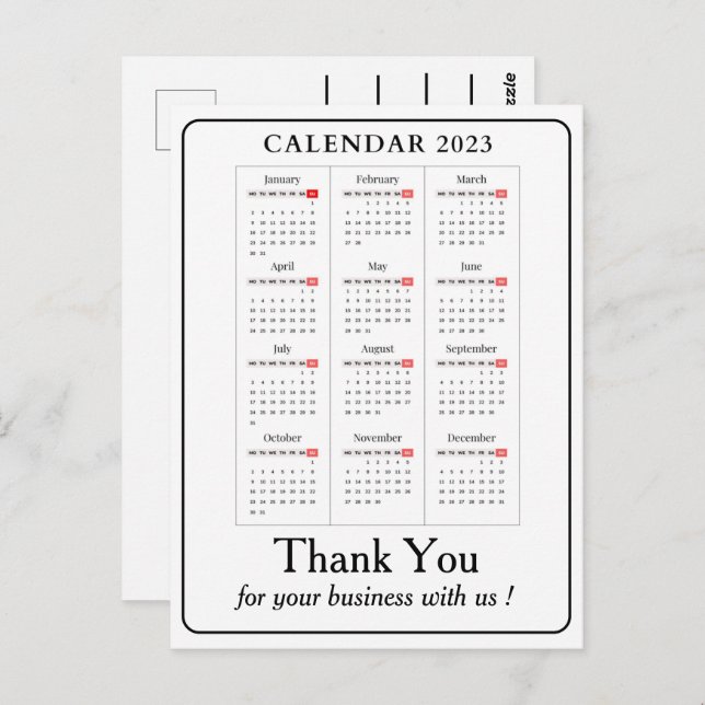Cartão Postal Calendário Simples 2023 Agradecimento Comercial Pe (Frente/Verso)