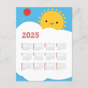 Cartão Postal Calendário Sun 2025 Feliz de Kawaii