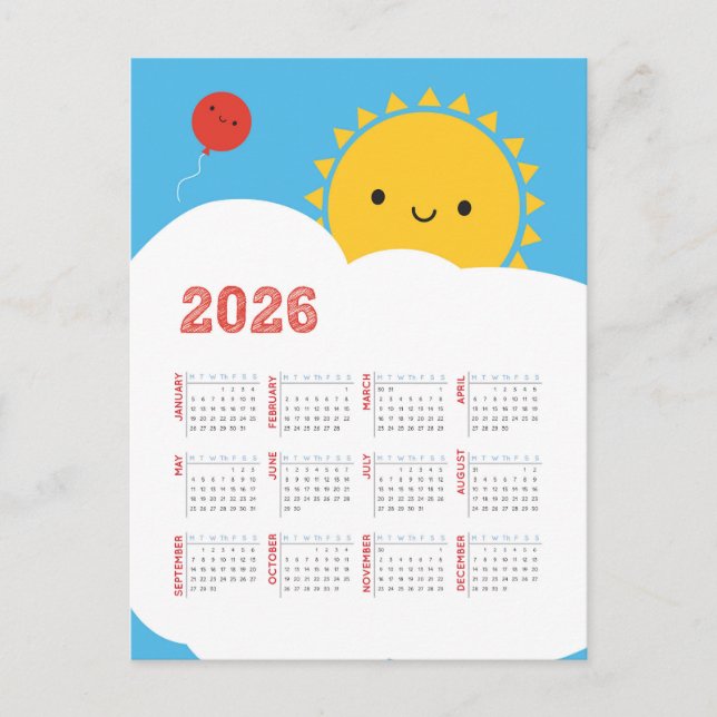 Cartão Postal Calendário Sun 2026 Feliz de Kawaii (Frente)