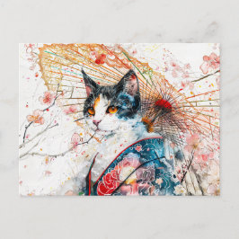 Cartão Postal Calico Geisha Cat com guarda-chuva vermelha em tin