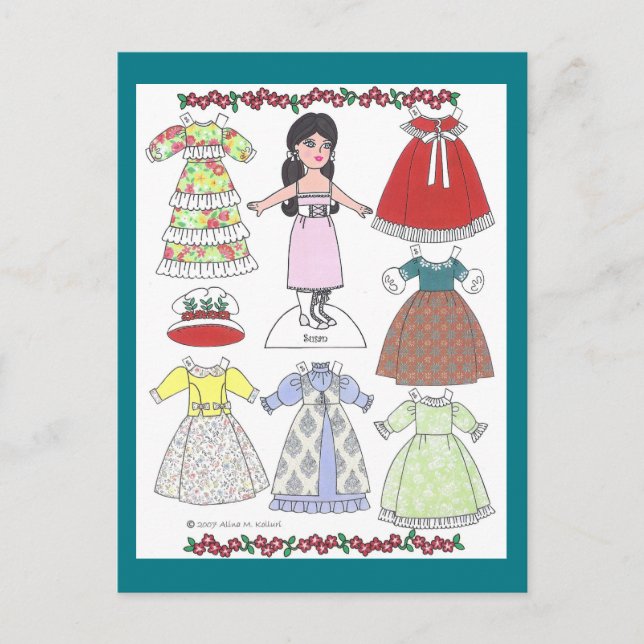 Cartão Postal Calico Girl Susan Old Fashioning Paper Doll (Frente)