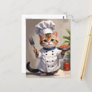 Cartão Postal Calico Kitten Chef com Fork Cute Baking Cat