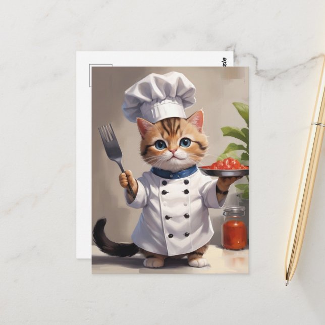 Cartão Postal Calico Kitten Chef com Fork Cute Baking Cat (Frente/Verso In Situ)