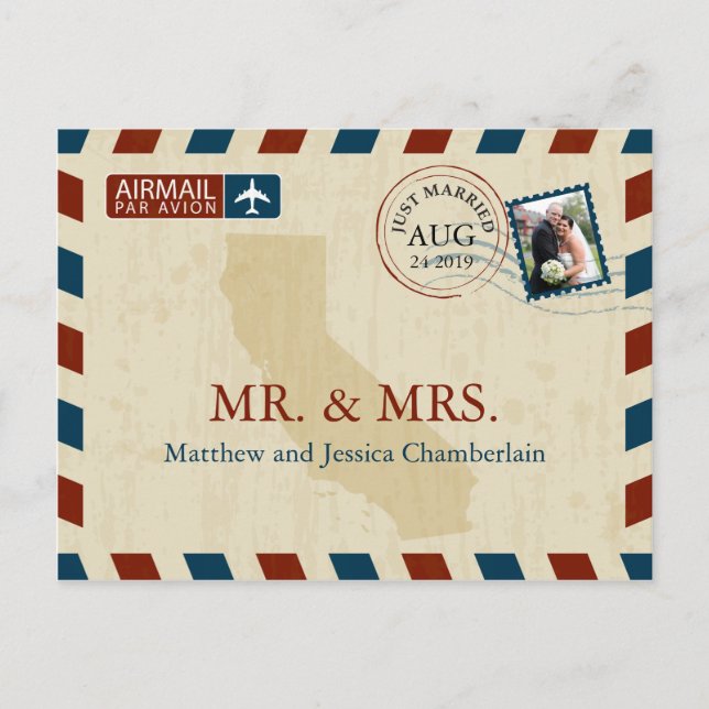 Cartão Postal California Airmail | Casamento Obrigado (Frente)