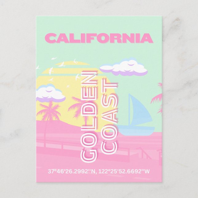 Cartão Postal California, Beach, Viagem Art, Preppy (Frente)
