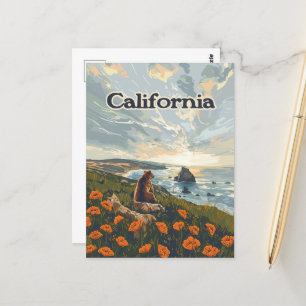 Cartão Postal California Bear Poppies Flores Retro