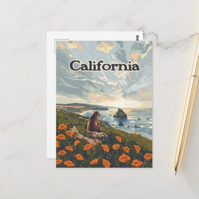 Cartão Postal California Bear Poppies Flores Retro (Frente/Verso In Situ)