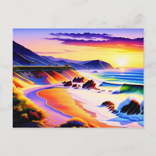 Cartão Postal California Coastline Sunset Watercolor (Frente)