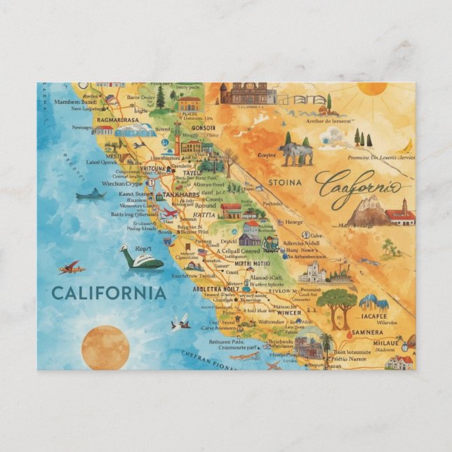 Cartão Postal California Illustrated Watercolor Map Art (Frente)