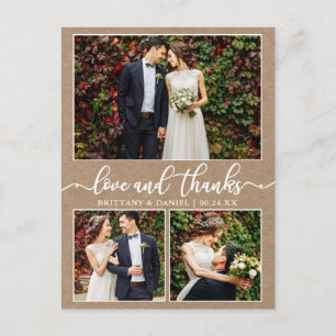 Cartão Postal Caligrafia 3 Foto Casamento Agradecimento Kraft