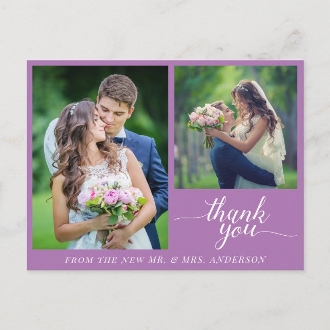 Cartão Postal Caligrafia 3 Fotos Casamento Obrigado Roxo (Frente)
