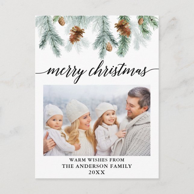 Cartão Postal Caligrafia Aquarela Pine Cones Foto Natal (Frente)