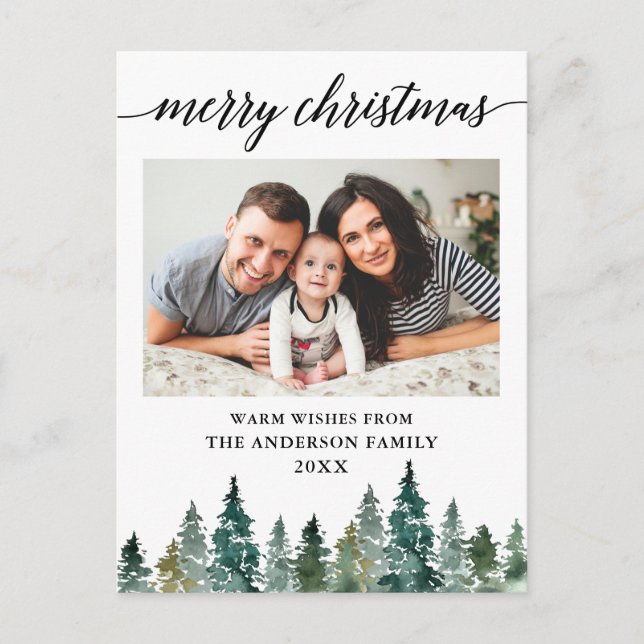 Cartão Postal Caligrafia Aquarela Pinheiros Foto Natal (Frente)