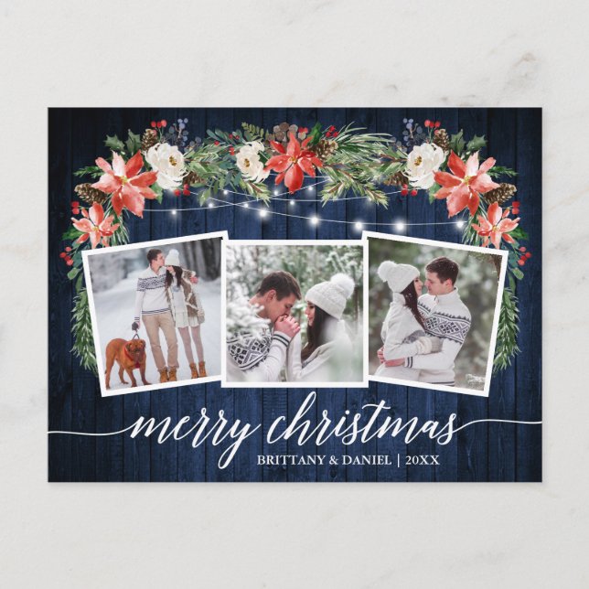 Cartão Postal Caligrafia Azul Madeira 3 Fotografia Watercolor Fl (Frente)