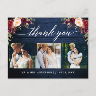 Cartão Postal Caligrafia Burgundy Casamento Azul Madeira Obrigad