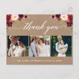 Cartão Postal Caligrafia Burgundy Casamento Foto Agradecimento K