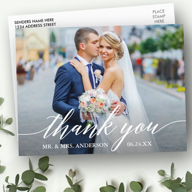 Cartão Postal Caligrafia Casamento Foto Noiva Groom Obrigado W (Customize to change your personalized text size or text style.)