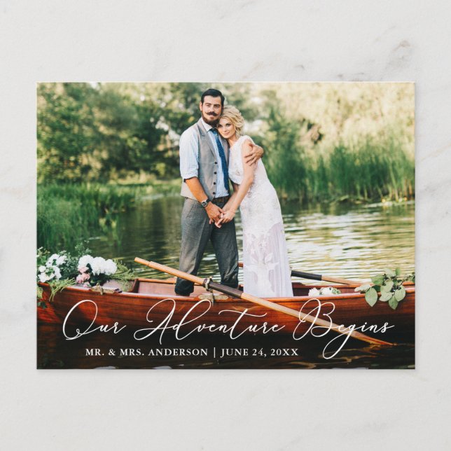 Cartão Postal Caligrafia Casamento Nossa Aventura Começa (Frente)