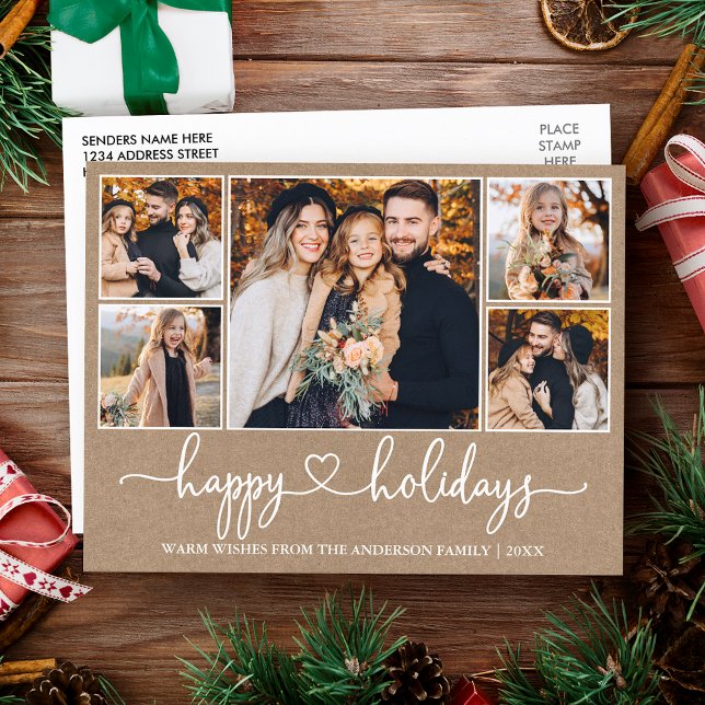 Cartão Postal Caligrafia Coração Felizes Festas Kraft 5 Foto (Customize to change your personalized text size or text style.)