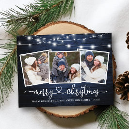 Cartão Postal Caligrafia Coração Natal Luzes Azuis de Madeira