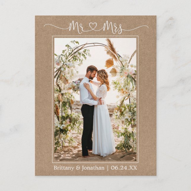 Cartão Postal Caligrafia Coração Sr. Sra. Foto Kraft Obrigado (Frente)