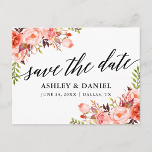 Cartão Postal Caligrafia Coral Floral Save The Date