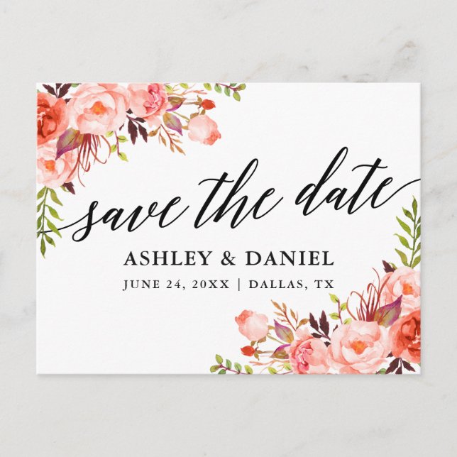 Cartão Postal Caligrafia Coral Floral Save The Date (Frente)