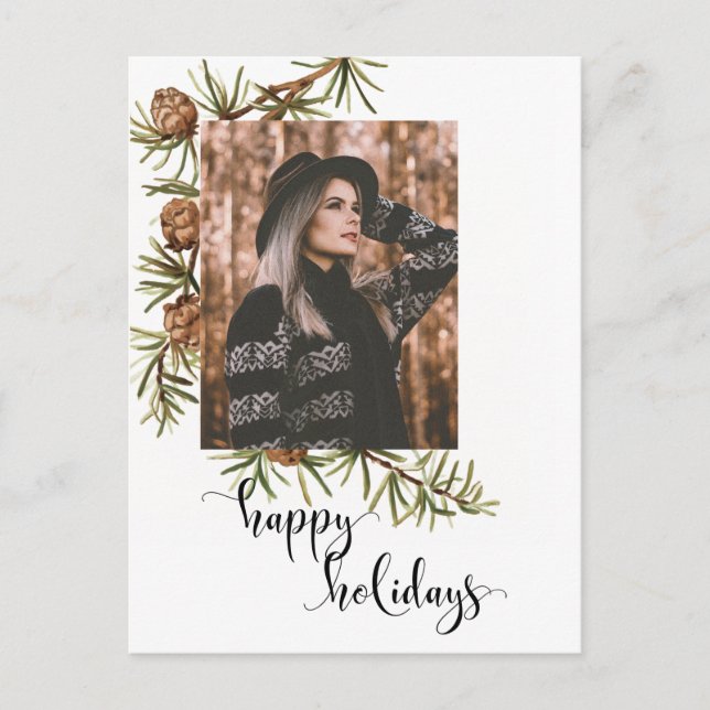 Cartão Postal Caligrafia de Feriados Felizes do Pinho de inverno (Frente)