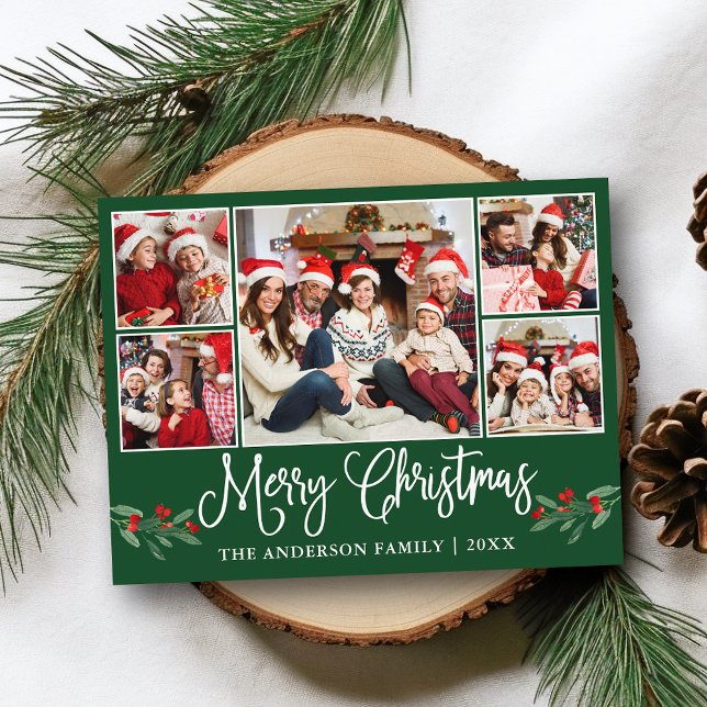Cartão Postal Caligrafia de Natal Holly 5 Foto Verde (Customize to change your personalized text size or text style.)