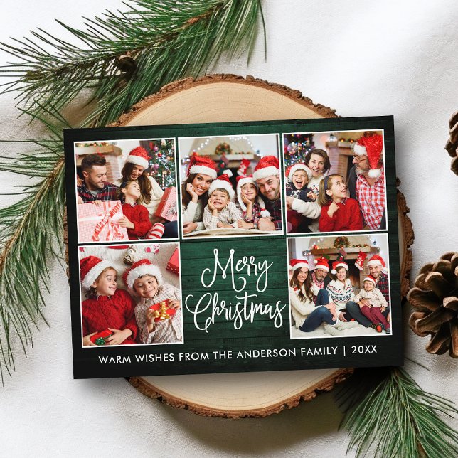 Cartão Postal Caligrafia Diversão Madeira Verde 5 Foto Natal (Customize to change your personalized text size or text style.)