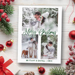Cartão Postal Caligrafia divertida 3 Casal de fotos verde de Nat<br><div class="desc">Cartão-postal de Casal de Natal Merry - 3 Fotografias - Script Verde</div>
