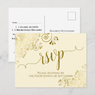 Cartão Postal Caligrafia Dourada Elegante Creme RSVP Casamento