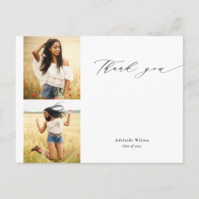 Cartão Postal Caligrafia Duas Foto Graduação Obrigado (Frente)
