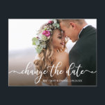 Cartão Postal Caligrafia Elegante Alterar a Data Nova Data<br><div class="desc">O Script De Caligrafia Elegante Moderno Altera A Data Em Que O Casamento Adiou O Cartão Postal De Fotografia Do Casal</div>