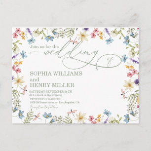 Cartão Postal Caligrafia elegante flores silvestres pastel casam