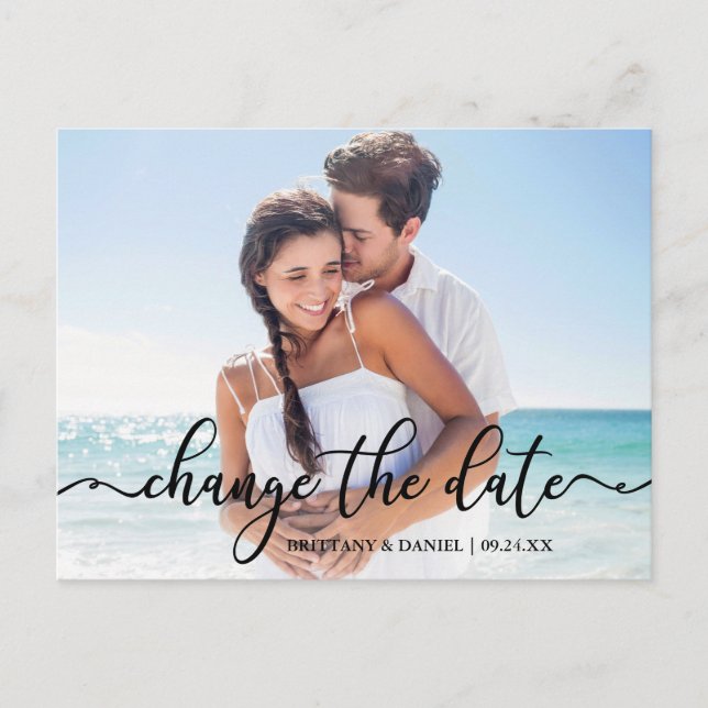 Cartão Postal Caligrafia Elegante Nova Data Alterar A Data (Frente)