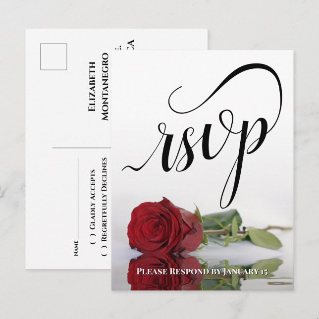 Cartão Postal Caligrafia Elegante & Rosa Vermelha Resposta para  (Frente/Verso)