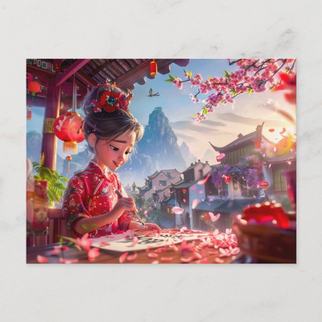 Cartão Postal Caligrafia Escrevendo da Garota Cômica em maio (Frente)