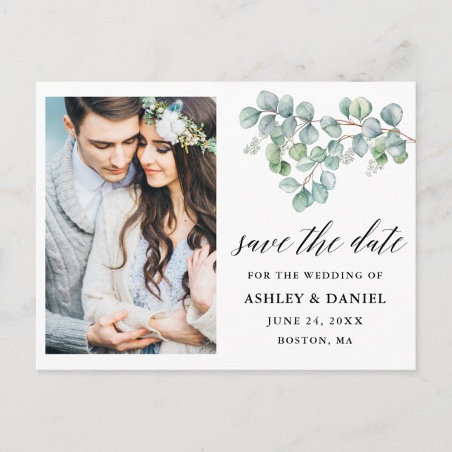 Cartão Postal Caligrafia Eucalyptus deixa a data salva (Frente)