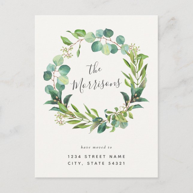 Cartão Postal Caligrafia Eucalyptus Wreath Mudança de endereço (Frente)