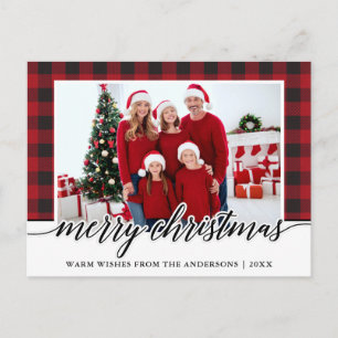 Cartão Postal Caligrafia Feliz Natal Família Foto Plaid Vermelho