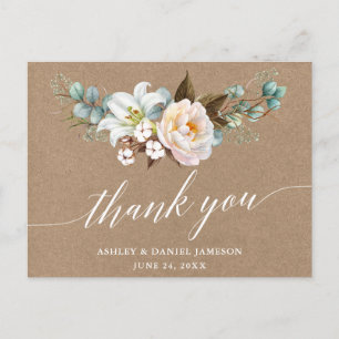 Cartão Postal Caligrafia Floral Botânica Casamento Kraft Agradec